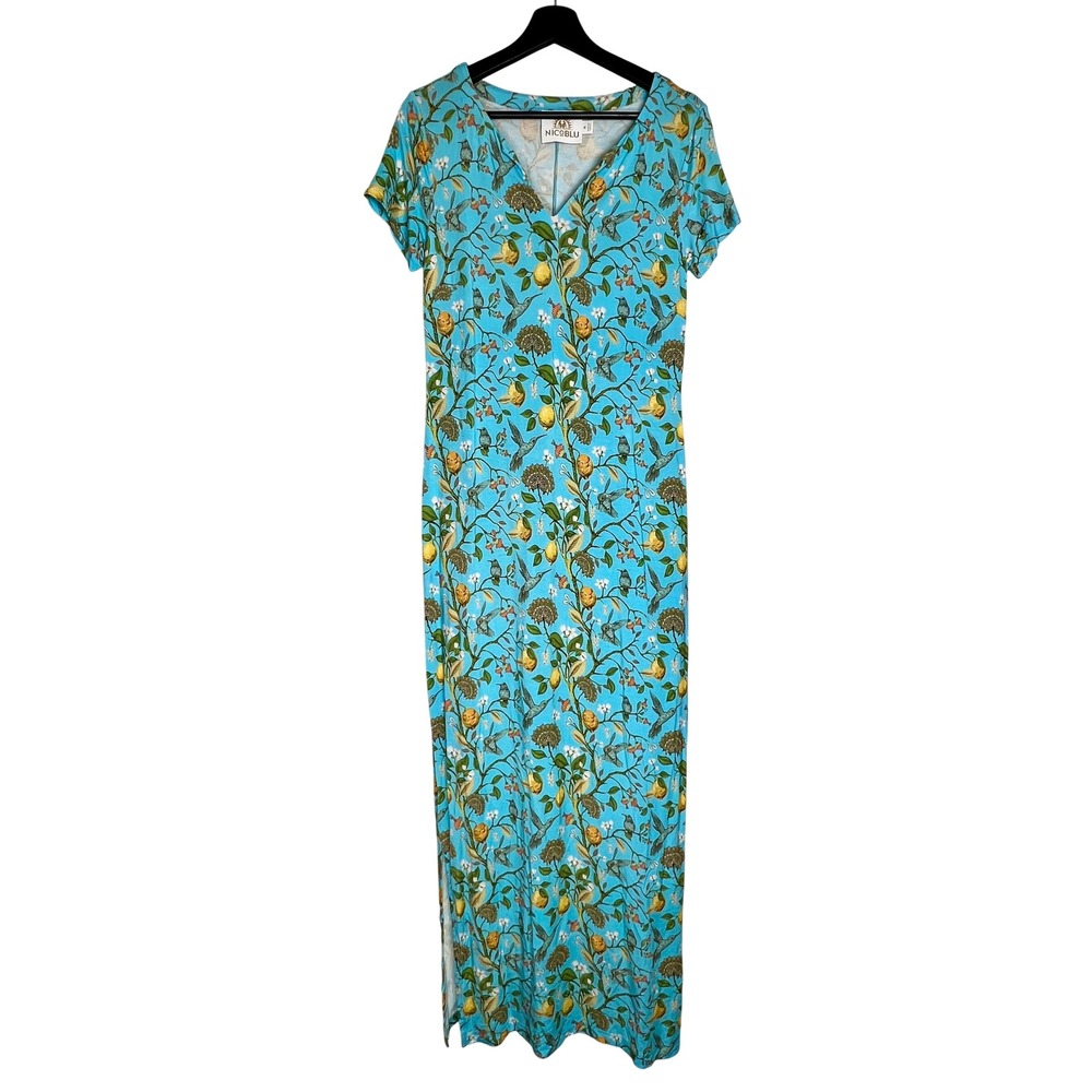 NICOBLU Women Turquoise Lemon Hummingbird Print V-Neck Maxi Dress Size M Slit